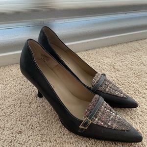 Anne Klein tweed and black leather pointed toe heels